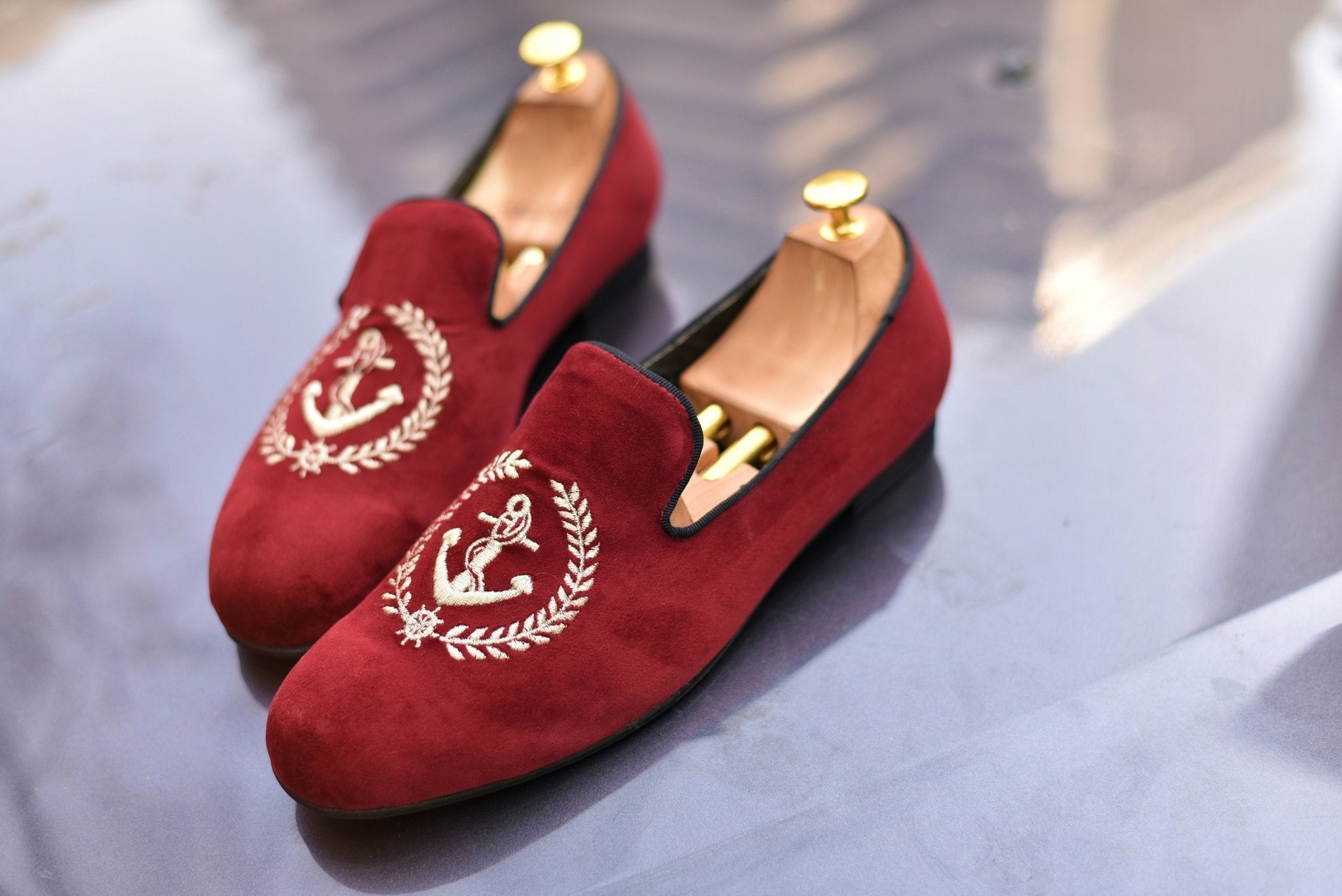 Maroon Velvet Anchor Embroidered Slip On For Men-FunkyTradition