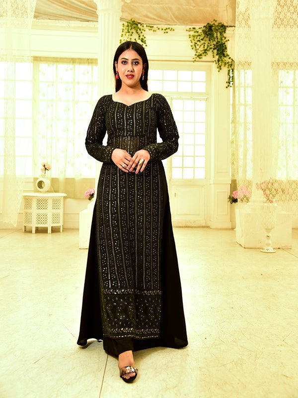 Black Impressive Designer Chickankari Kurta Set With Palazzo And Dupatta-FunkyTradition