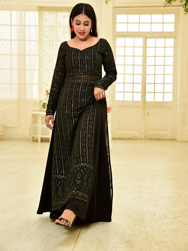 Black Impressive Designer Chickankari Kurta Set With Palazzo And Dupatta-FunkyTradition