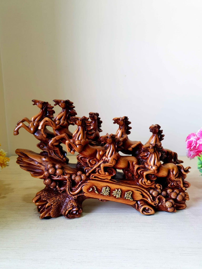 Feng Shui 8 Horses Sculpture In Brown Decorative Showpiece Animal Figurine- FunkyTradition Figurines