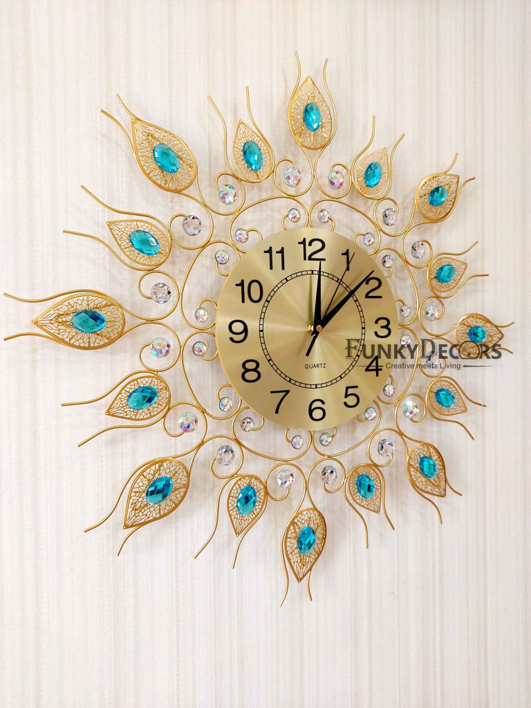 Funkytradition 3D Golden Blue Flower Diamond Studded Wall Clock Watch Decor For Home Office And