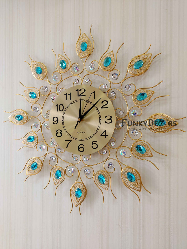 Funkytradition 3D Golden Blue Flower Diamond Studded Wall Clock Watch Decor For Home Office And