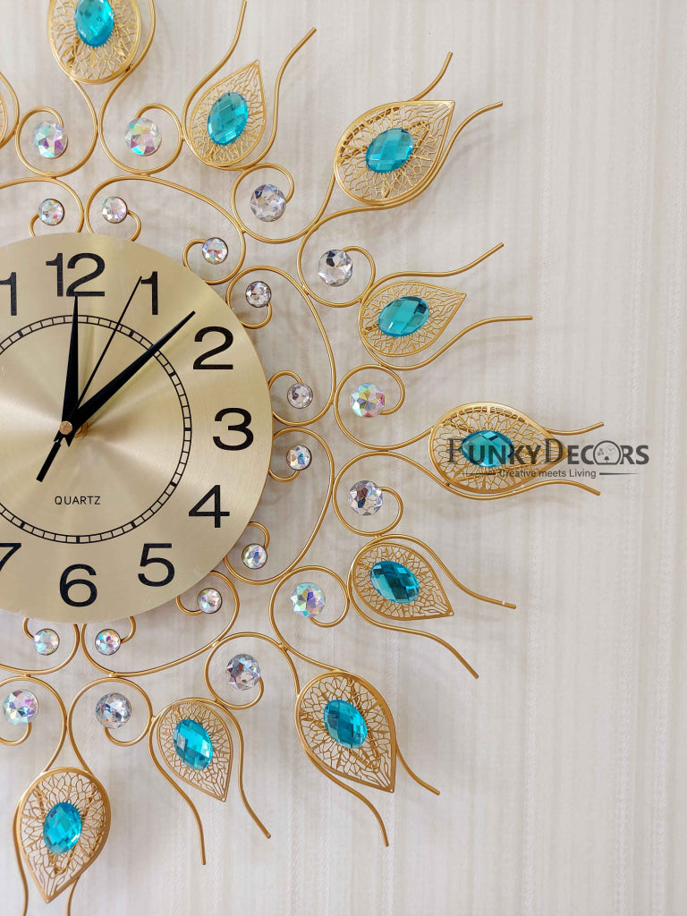 Funkytradition 3D Golden Blue Flower Diamond Studded Wall Clock Watch Decor For Home Office And