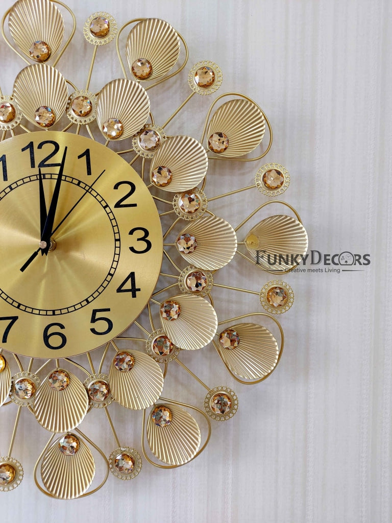 Funkytradition 3D Golden Flower Pallets Diamond Studded Wall Clock Watch Decor For Home Office And