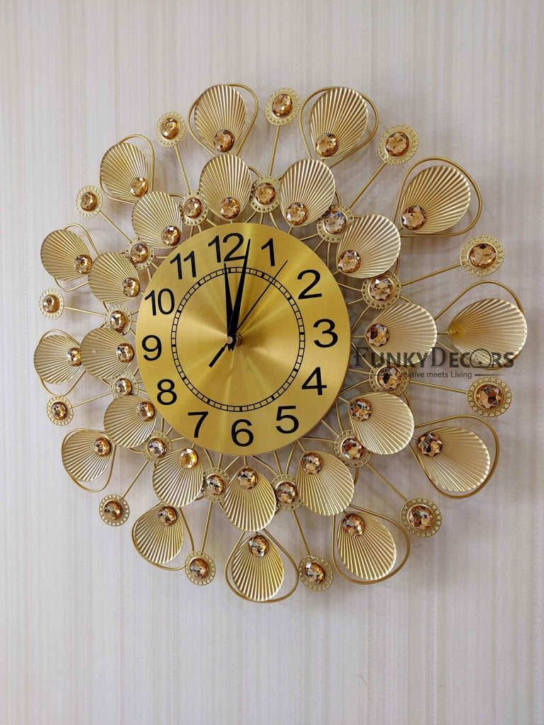 Funkytradition 3D Golden Flower Pallets Diamond Studded Wall Clock Watch Decor For Home Office And