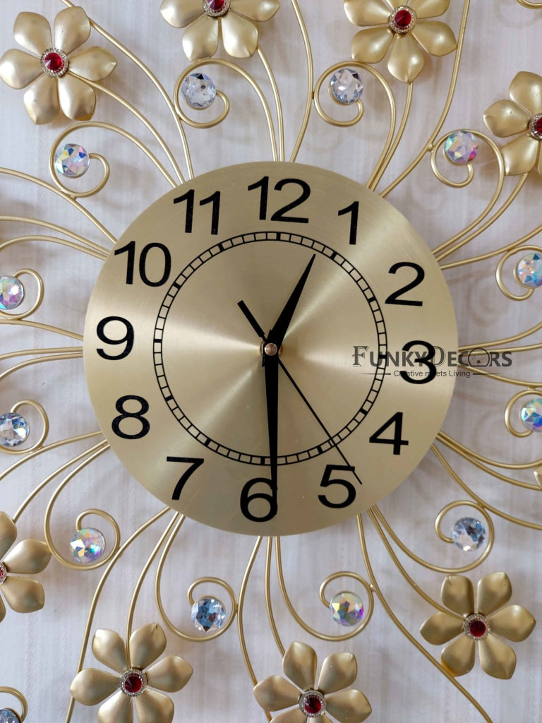 Funkytradition 3D Golden Flower Wall Clock Watch Decor For Home Office And Gifts 62 Cm Tall Clocks