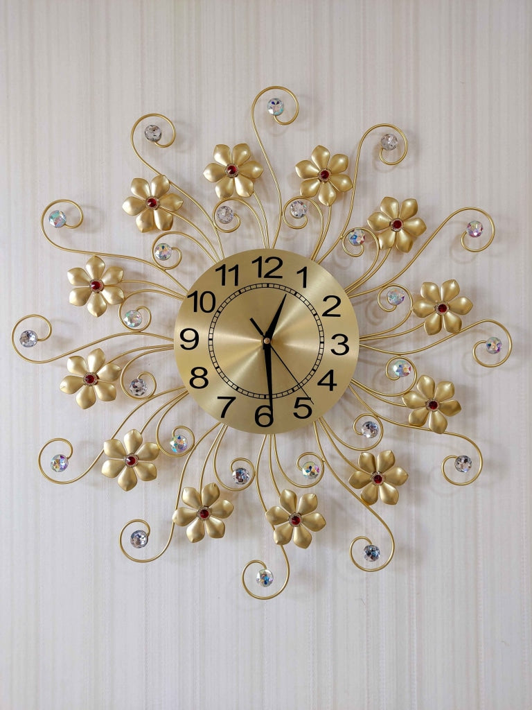 Funkytradition 3D Golden Flower Wall Clock Watch Decor For Home Office And Gifts 62 Cm Tall Clocks