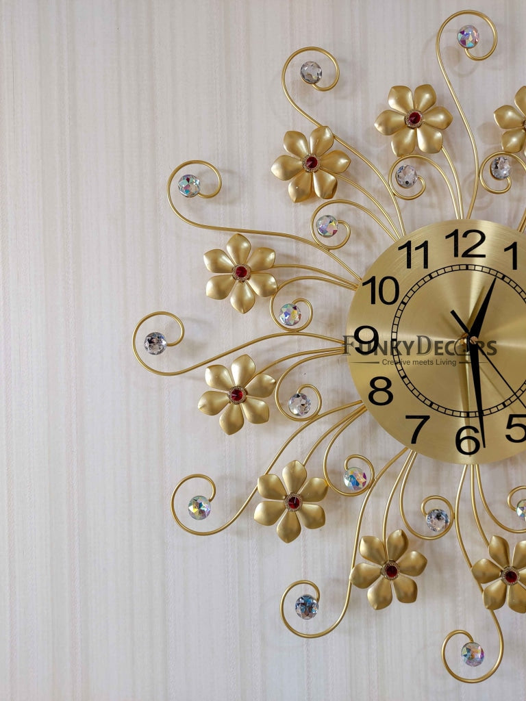 Funkytradition 3D Golden Flower Wall Clock Watch Decor For Home Office And Gifts 62 Cm Tall Clocks