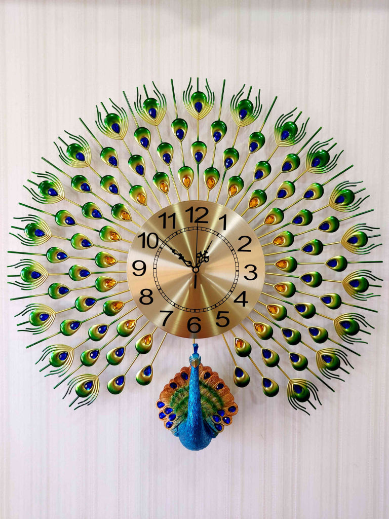 Funkytradition 3D Multicolor Peacock Feather Open Wall Clock Watch Decor For Home Office And Gifts