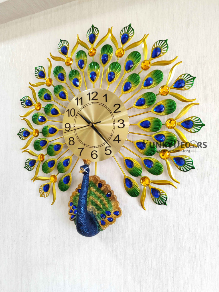 Funkytradition 3D Peacock Feather Open Wall Clock Watch Decor For Home Office And Gifts 55 Cm Tall