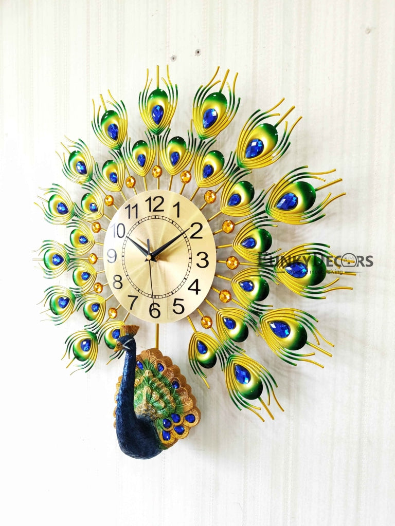 Funkytradition 3D Peacock Feather Open Wall Clock Watch Decor For Home Office And Gifts 55 Cm Tall