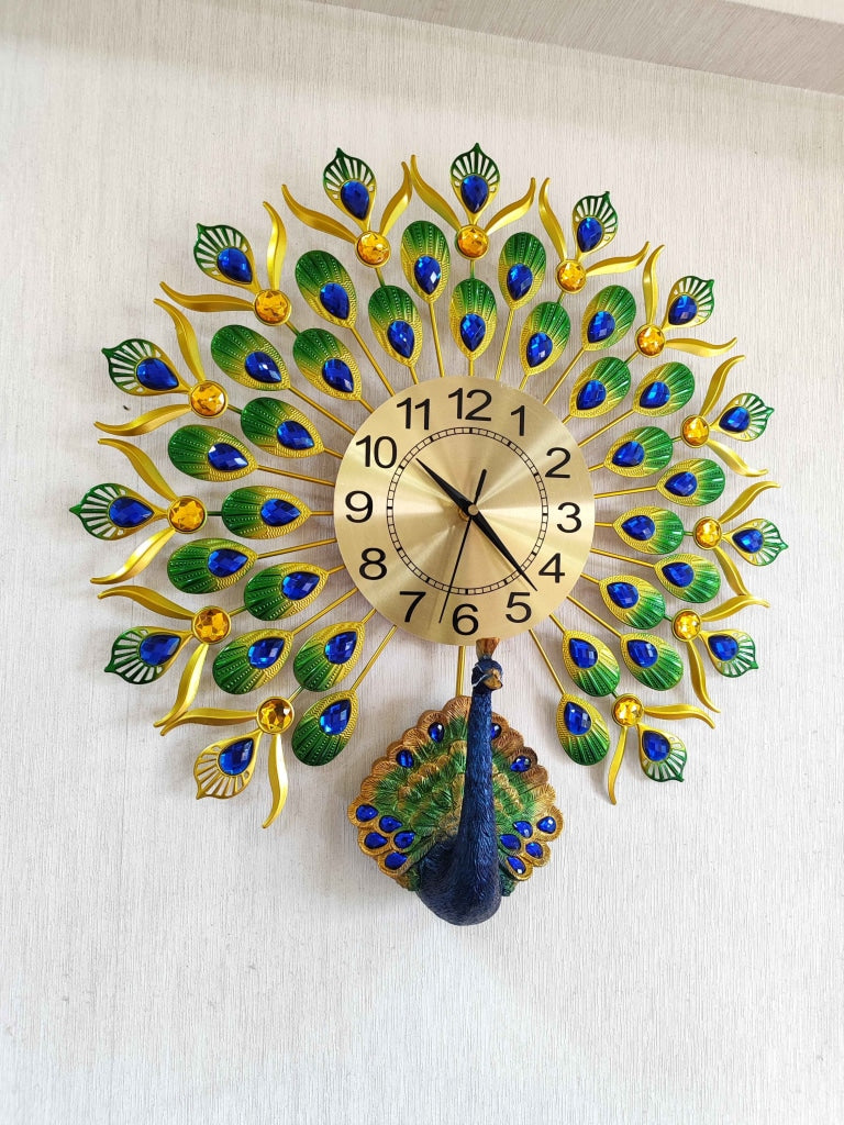 Funkytradition 3D Peacock Feather Open Wall Clock Watch Decor For Home Office And Gifts 55 Cm Tall