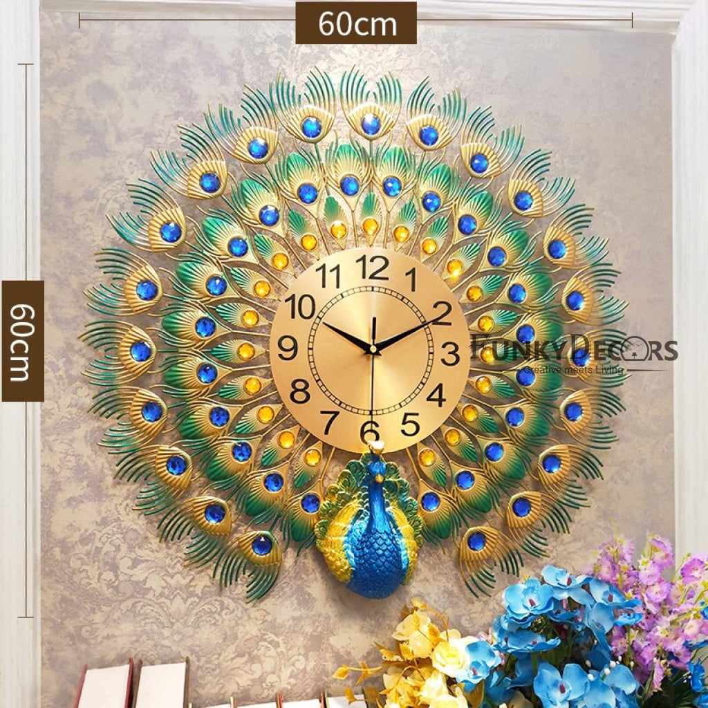 Funkytradition 3D Peacock Feather Open Wall Clock Watch Decor For Home Office And Gifts 60 Cm Tall