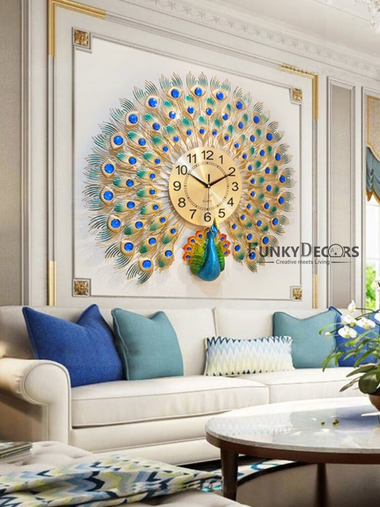 Funkytradition 3D Peacock Feather Open Wall Clock Watch Decor For Home Office And Gifts 60 Cm Tall
