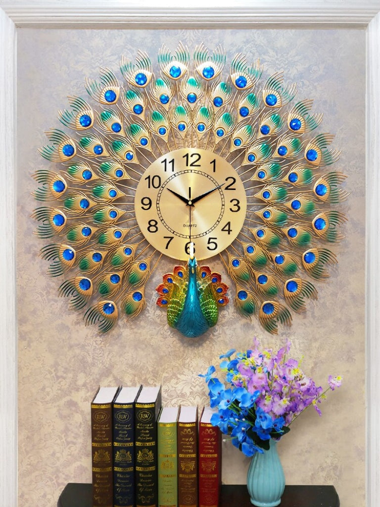 Funkytradition 3D Peacock Feather Open Wall Clock Watch Decor For Home Office And Gifts 60 Cm Tall