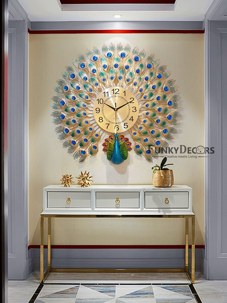 Funkytradition 3D Peacock Feather Open Wall Clock Watch Decor For Home Office And Gifts 60 Cm Tall