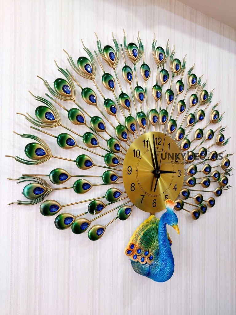 Funkytradition 3D Peacock Feather Open Wall Clock Watch Decor For Home Office And Gifts 80 Cm Tall