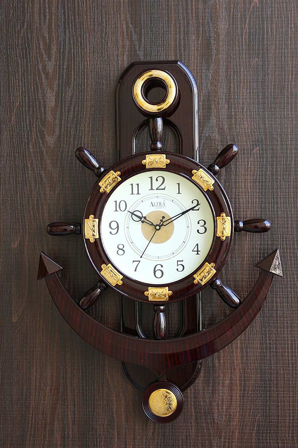 FunkyTradition Big Decorative Retro Anchor Ship Steering Shape Plastic Pendulum Wall Clock for Home Office Decor and Gifts 67 CM Tall - FunkyTradition