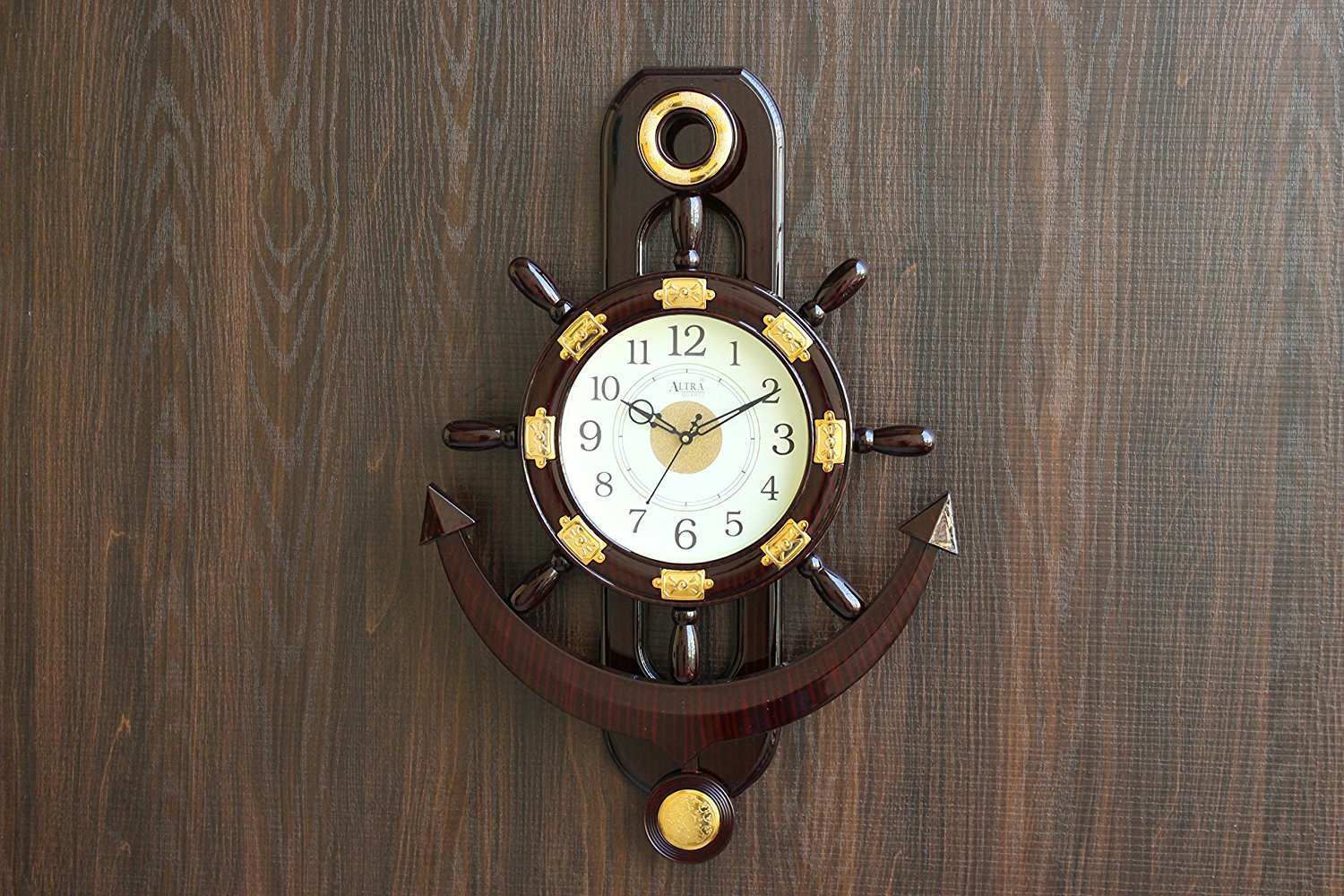 FunkyTradition Big Decorative Retro Anchor Ship Steering Shape Plastic Pendulum Wall Clock for Home Office Decor and Gifts 67 CM Tall - FunkyTradition