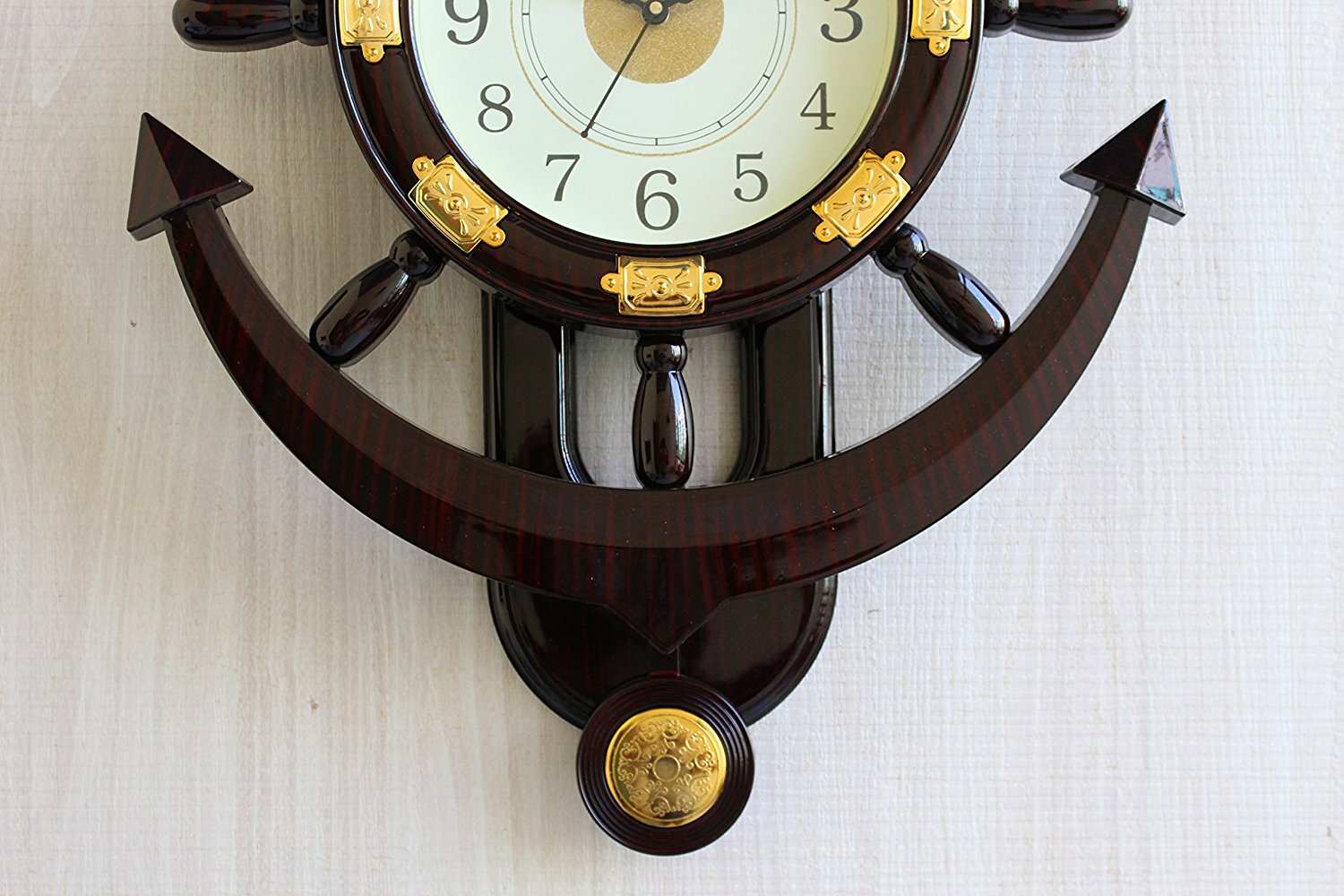 FunkyTradition Big Decorative Retro Anchor Ship Steering Shape Plastic Pendulum Wall Clock for Home Office Decor and Gifts 67 CM Tall - FunkyTradition