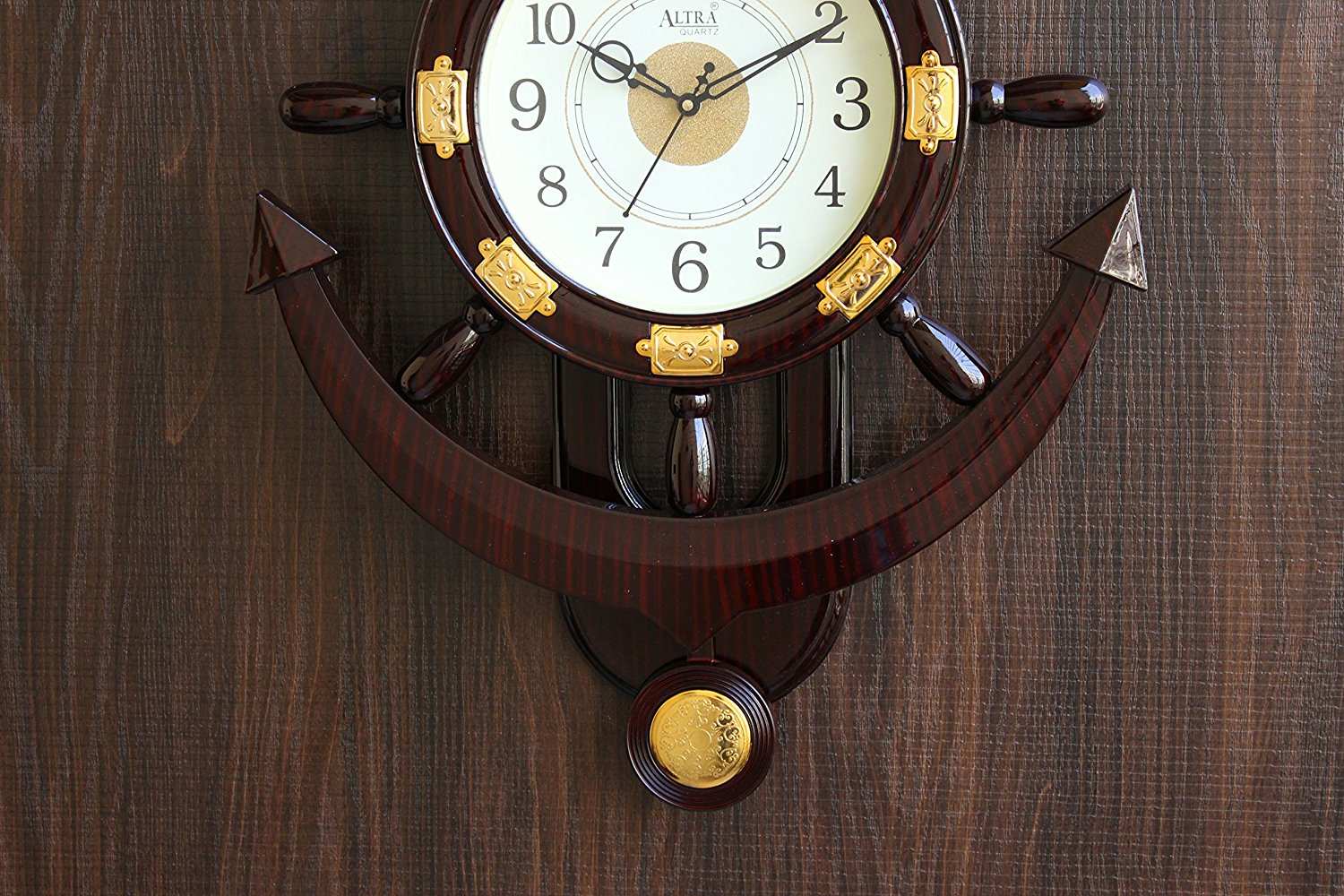 FunkyTradition Big Decorative Retro Anchor Ship Steering Shape Plastic Pendulum Wall Clock for Home Office Decor and Gifts 67 CM Tall - FunkyTradition