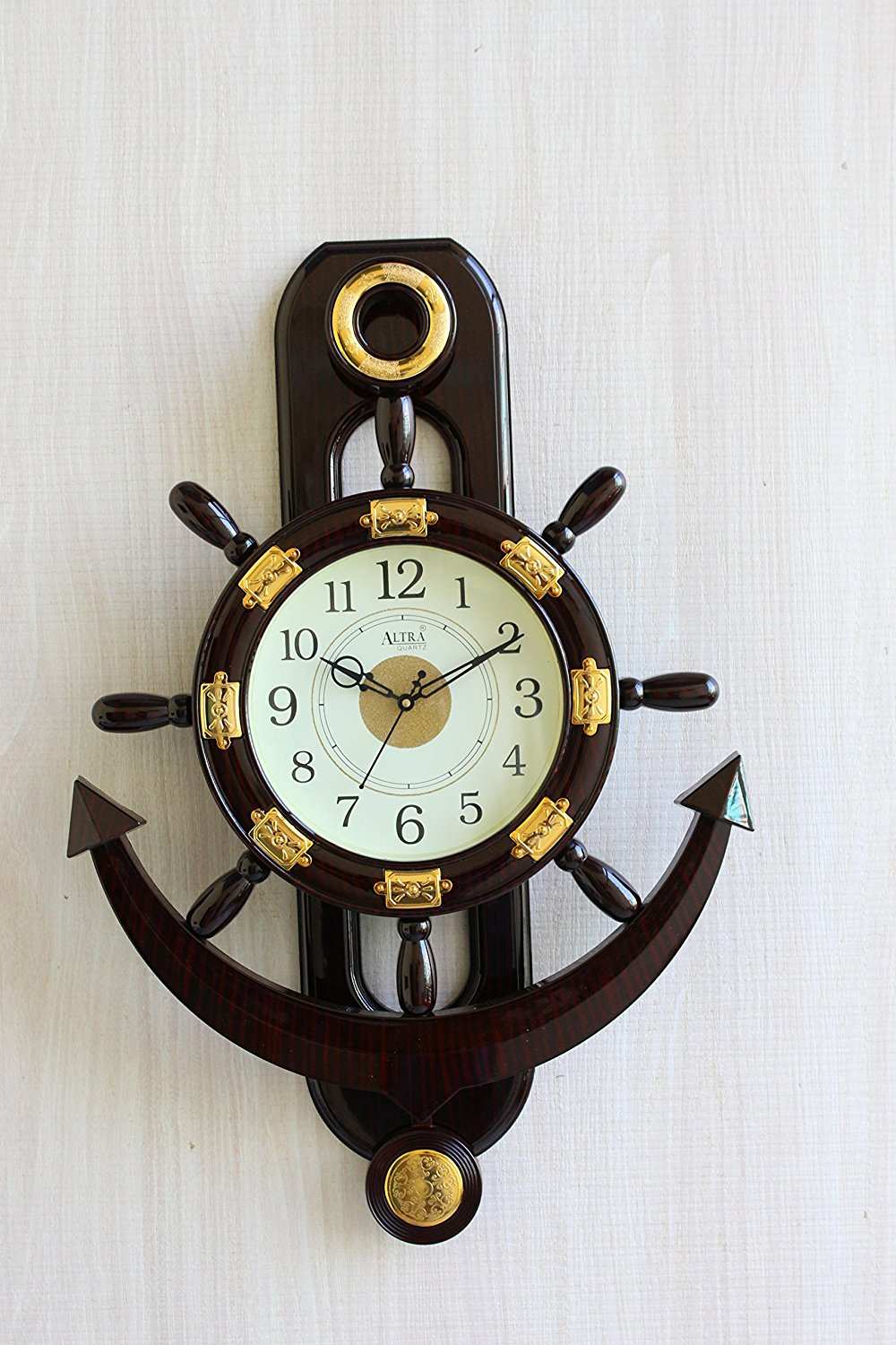 FunkyTradition Big Decorative Retro Anchor Ship Steering Shape Plastic Pendulum Wall Clock for Home Office Decor and Gifts 67 CM Tall - FunkyTradition