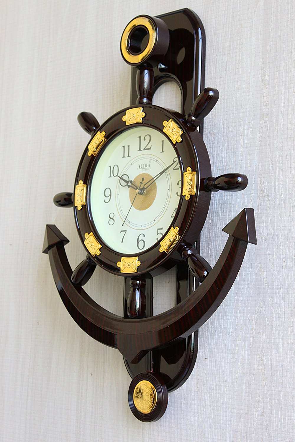 FunkyTradition Big Decorative Retro Anchor Ship Steering Shape Plastic Pendulum Wall Clock for Home Office Decor and Gifts 67 CM Tall - FunkyTradition