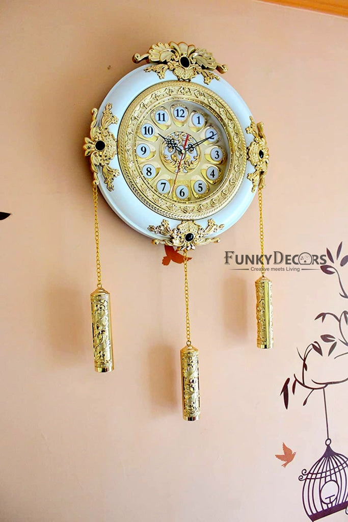 Funkytradition Big Royal Designer Gold Plated White Premium String Hanging Wall Clock For Home