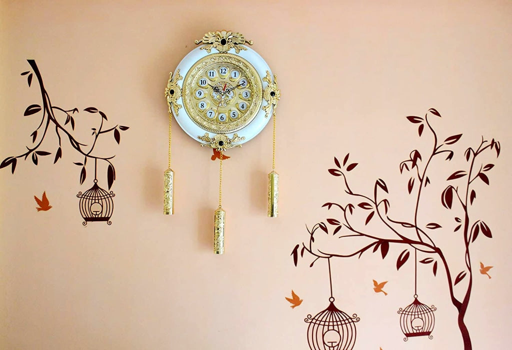 Funkytradition Big Royal Designer Gold Plated White Premium String Hanging Wall Clock For Home