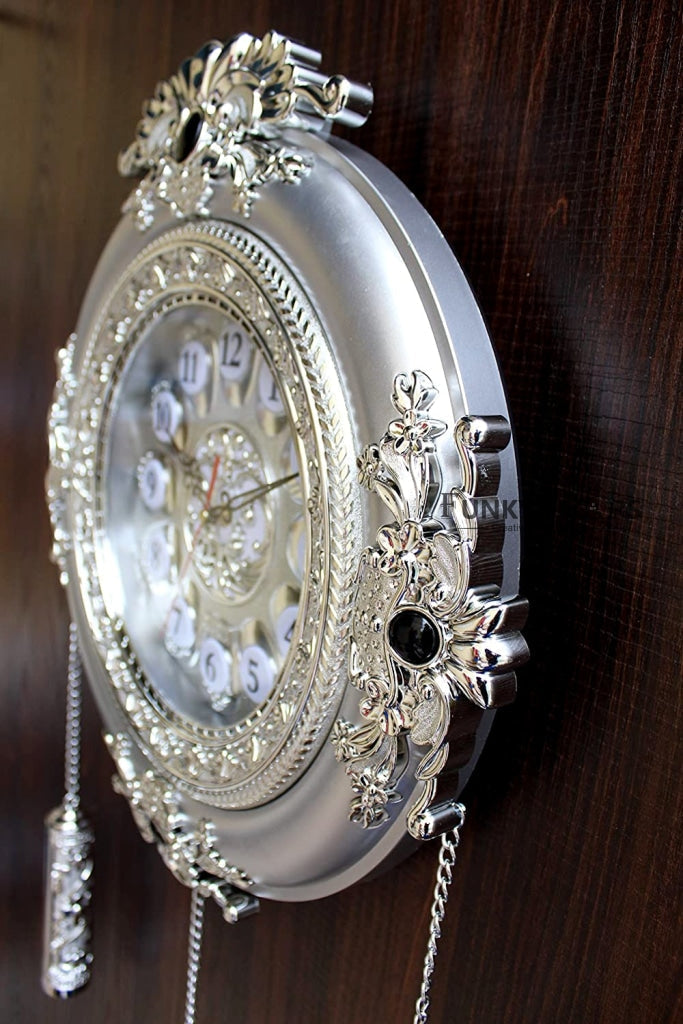 Funkytradition Big Royal Designer Silver Plated White Premium String Hanging Wall Clock For Home