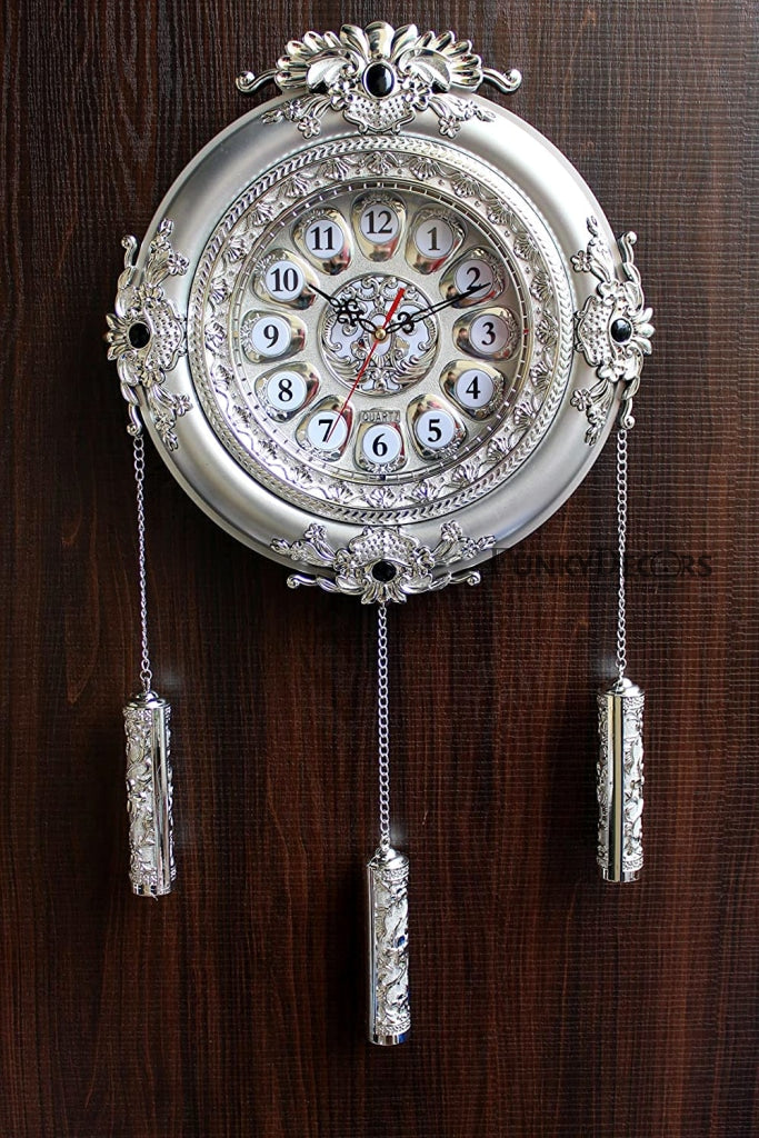 Funkytradition Big Royal Designer Silver Plated White Premium String Hanging Wall Clock For Home