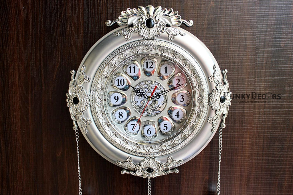 Funkytradition Big Royal Designer Silver Plated White Premium String Hanging Wall Clock For Home