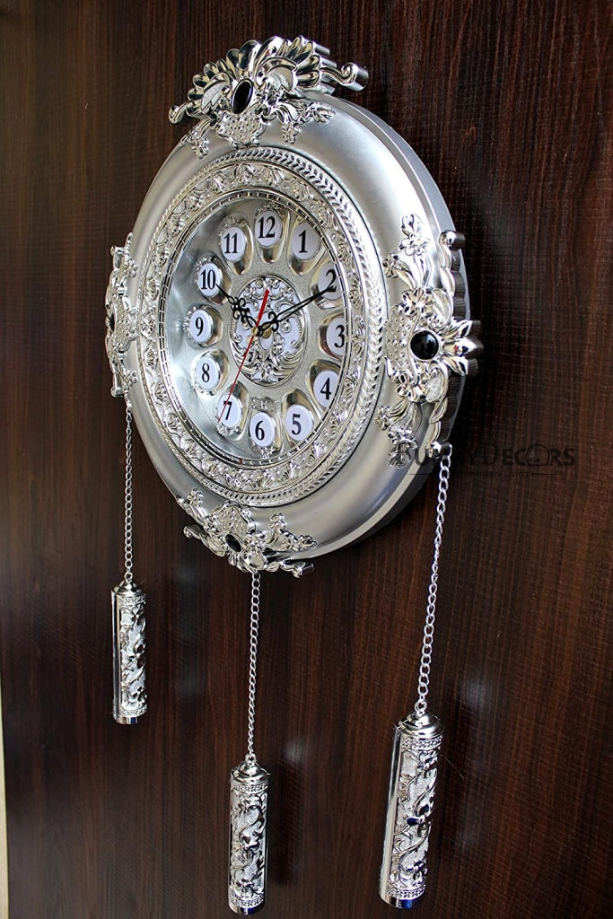 Funkytradition Big Royal Designer Silver Plated White Premium String Hanging Wall Clock For Home