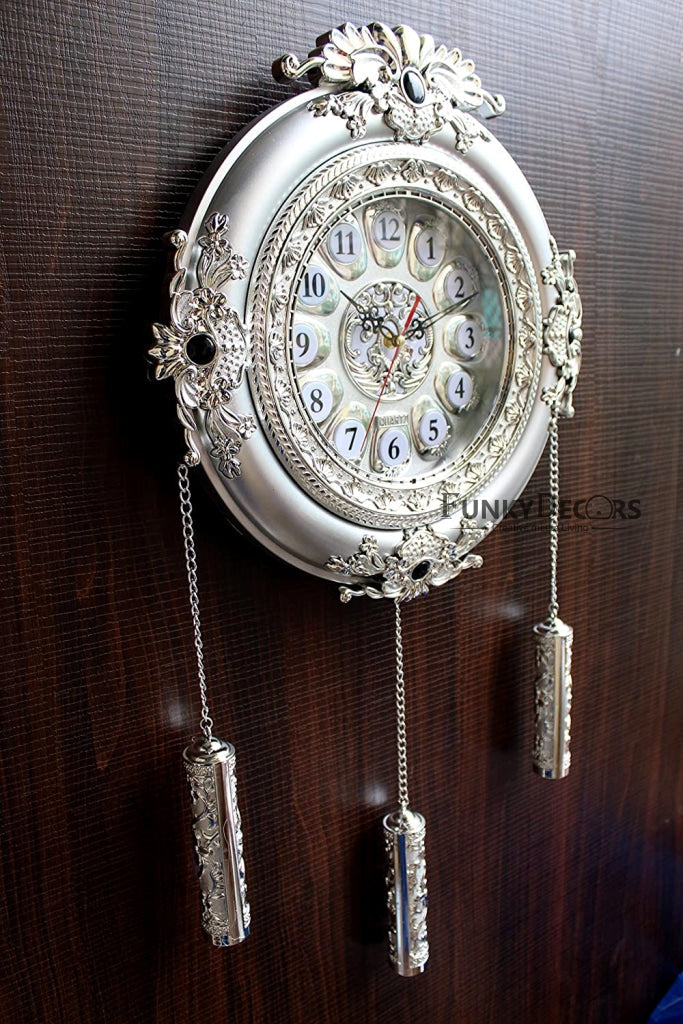 Funkytradition Big Royal Designer Silver Plated White Premium String Hanging Wall Clock For Home