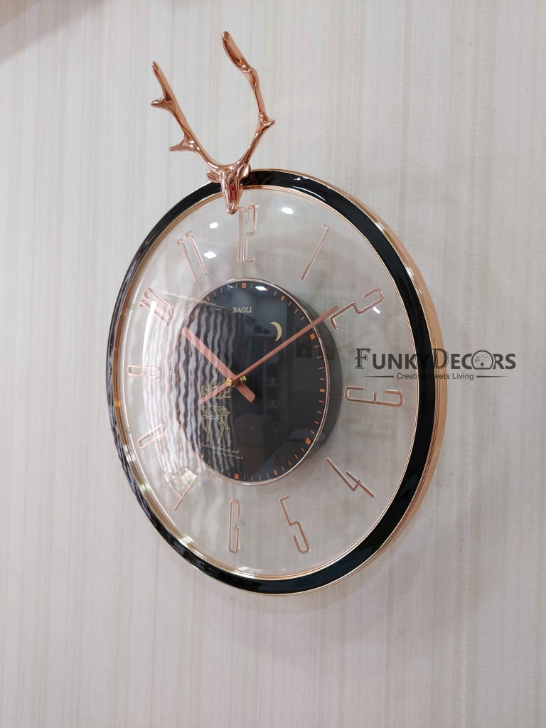 Funkytradition Black Reindeer Glass Transparent Minimal Wall Clock Watch Decor For Home Office And