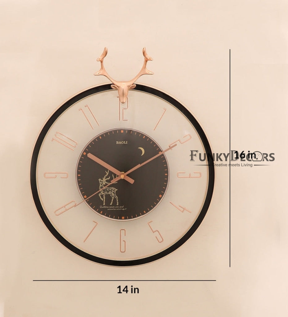 Funkytradition Black Reindeer Glass Transparent Minimal Wall Clock Watch Decor For Home Office And
