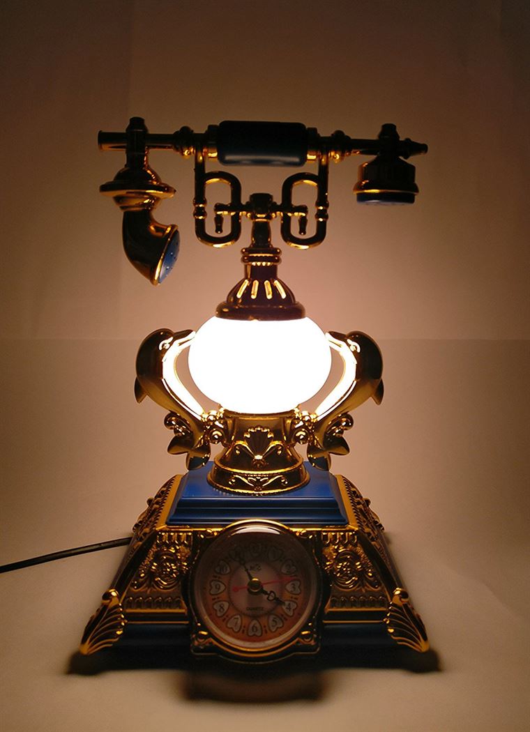 FunkyTradition Blue Golden Vintage Style Telephone Table Lamp with Alarm Clock for Christmas, Anniversary, Birthday Gift, Home and Office Decor - FunkyTradition