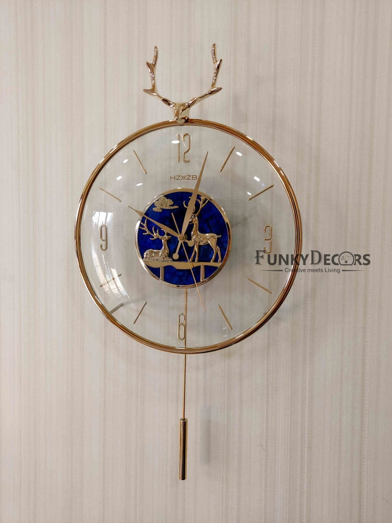 Funkytradition Blue Minimal Transparent Reindeer Pendulum Wall Clock Watch Decor For Home Office And