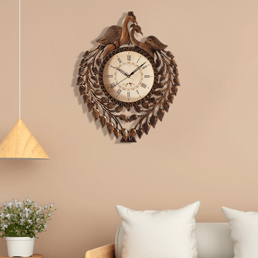 Funkytradition Brown Beautiful Peacock Wall Clock Watch Decor For Home Office And Gifts 54 Cm Tall