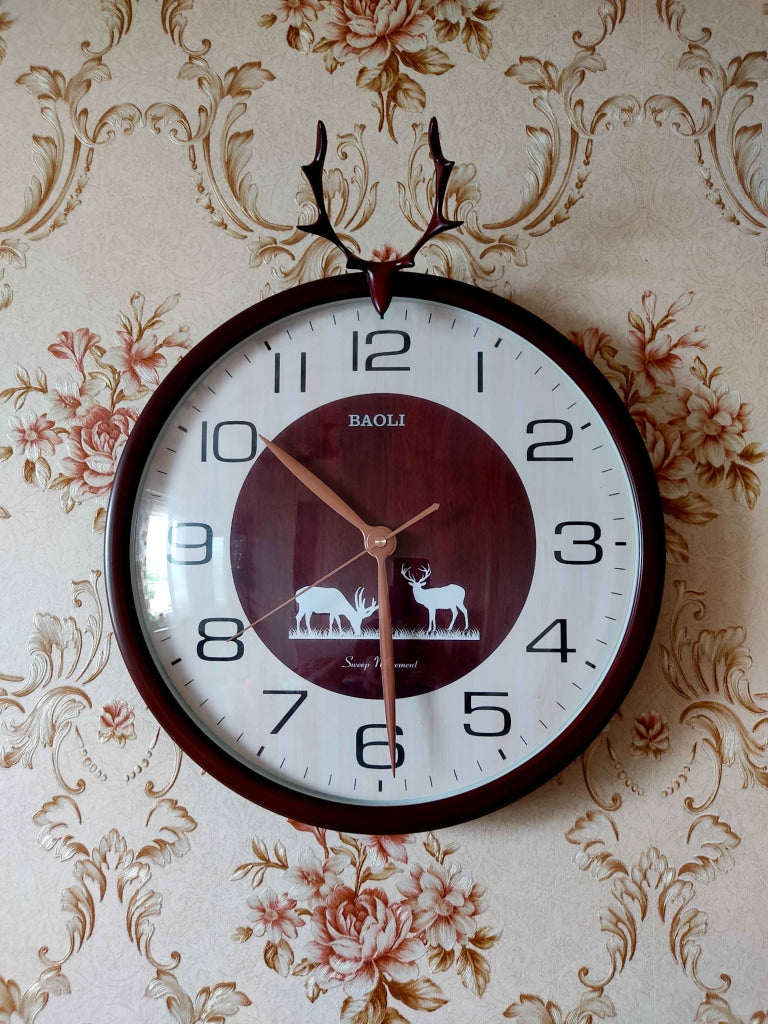 Funkytradition Brown Reindeer Wall Clock Watch Decor For Home Office And Gifts 35 Cm Tall Clocks