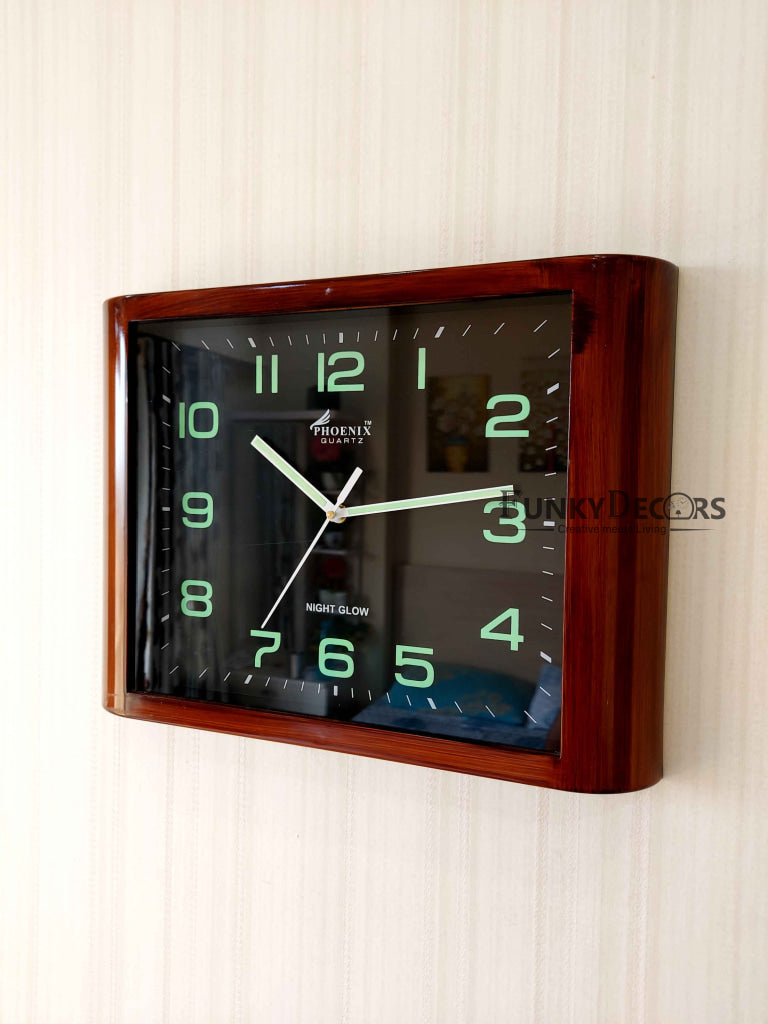 FunkyTradition Classic Wooden Design Brown Radium Square Wall Clock, W