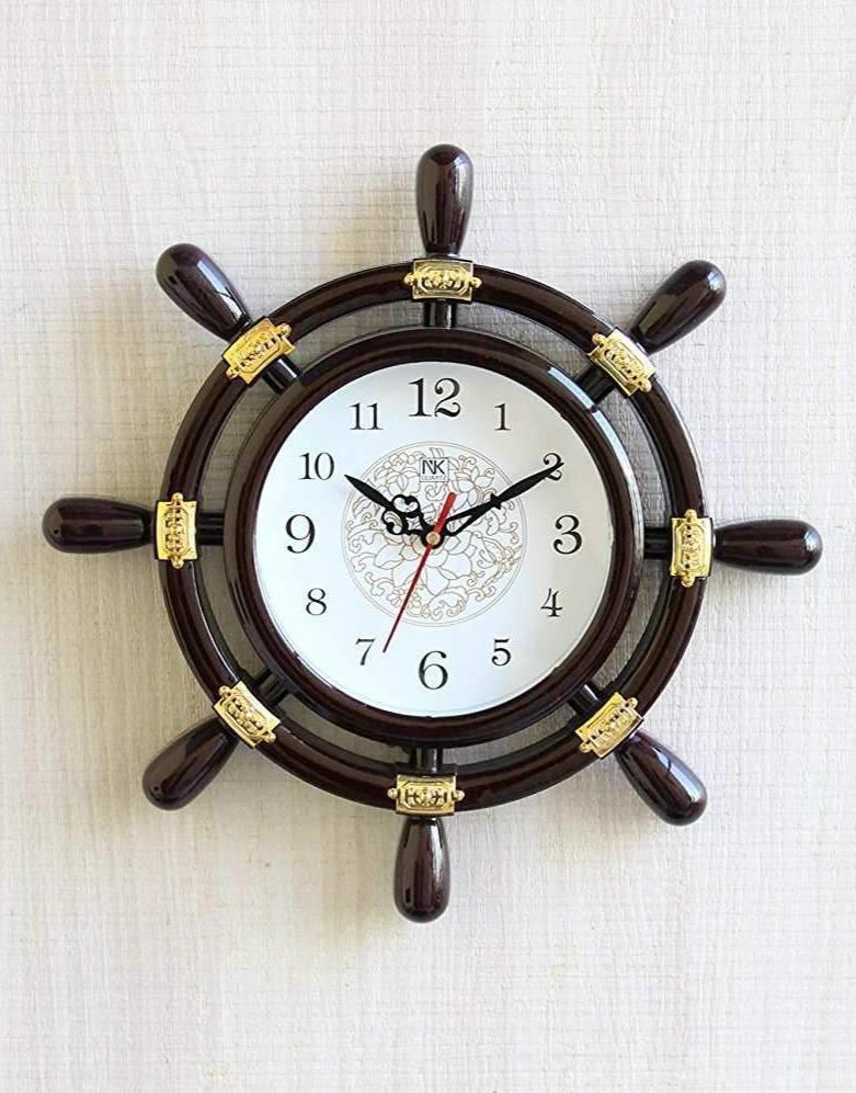 FunkyTradition Decorative Antique Retro Round Ship Steering Shape Plastic Wall Clock for Home Office Decor and Gifts - FunkyTradition