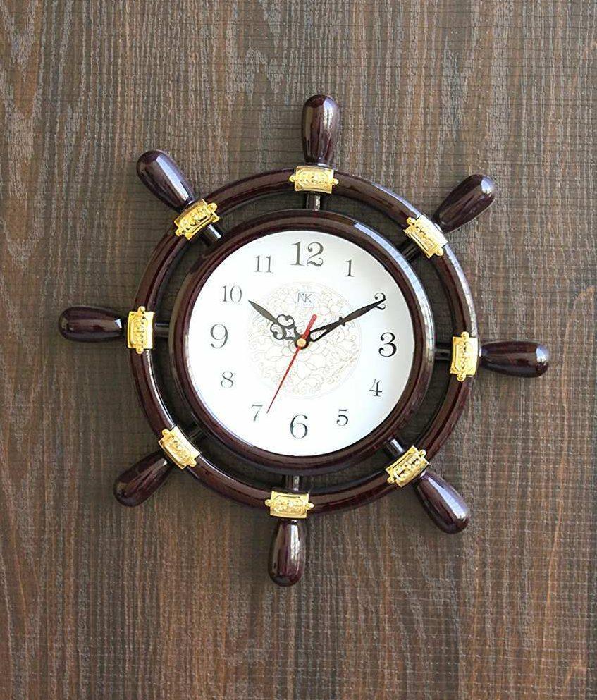 FunkyTradition Decorative Antique Retro Round Ship Steering Shape Plastic Wall Clock for Home Office Decor and Gifts - FunkyTradition