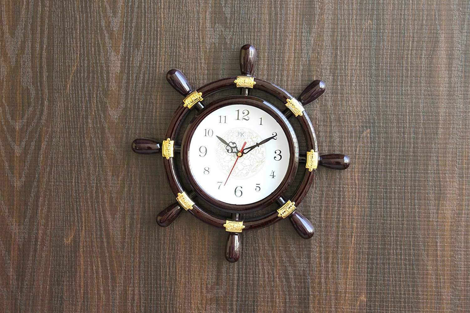 FunkyTradition Decorative Antique Retro Round Ship Steering Shape Plastic Wall Clock for Home Office Decor and Gifts - FunkyTradition
