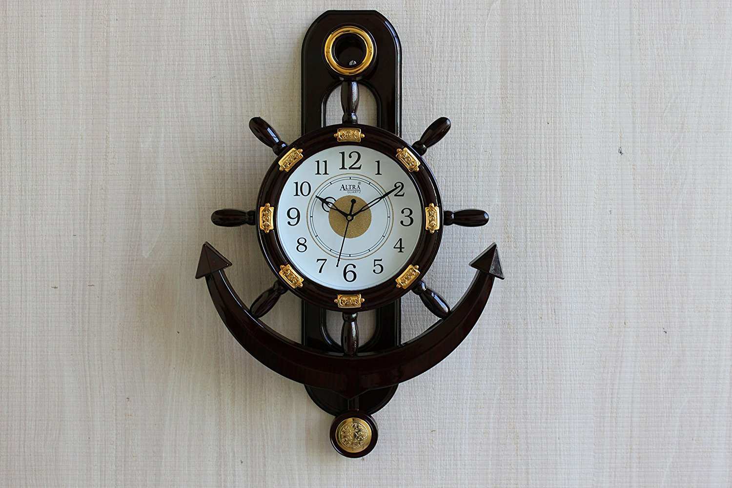 FunkyTradition Decorative Big Retro Anchor Ship Steering Shape Plastic Pendulum Wall Clock for Home Office Decor and Gifts 55 CM Tall - FunkyTradition
