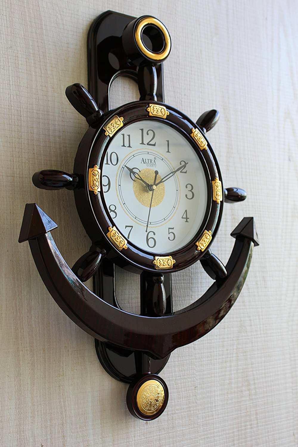 FunkyTradition Decorative Big Retro Anchor Ship Steering Shape Plastic Pendulum Wall Clock for Home Office Decor and Gifts 55 CM Tall - FunkyTradition