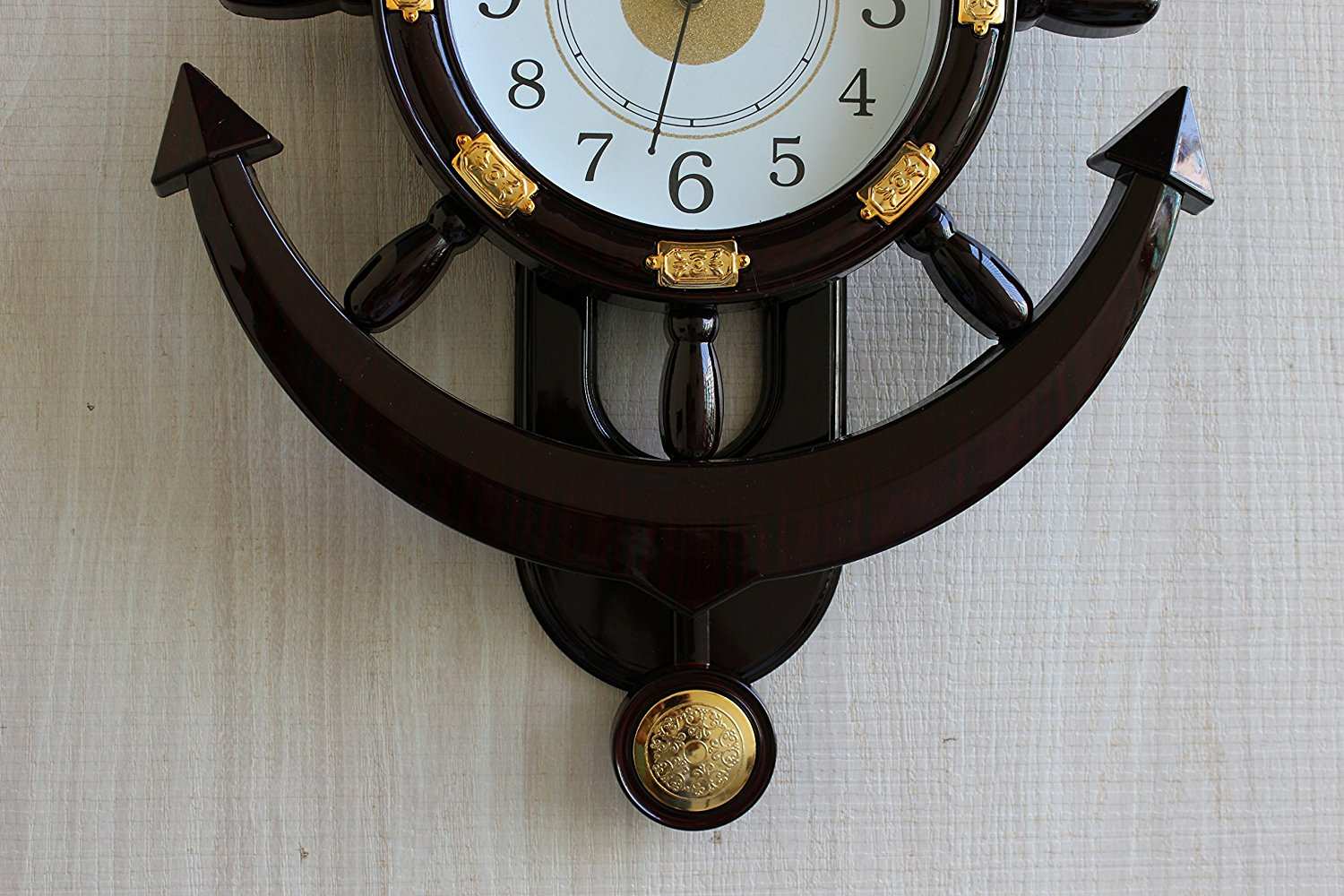 FunkyTradition Decorative Big Retro Anchor Ship Steering Shape Plastic Pendulum Wall Clock for Home Office Decor and Gifts 55 CM Tall - FunkyTradition