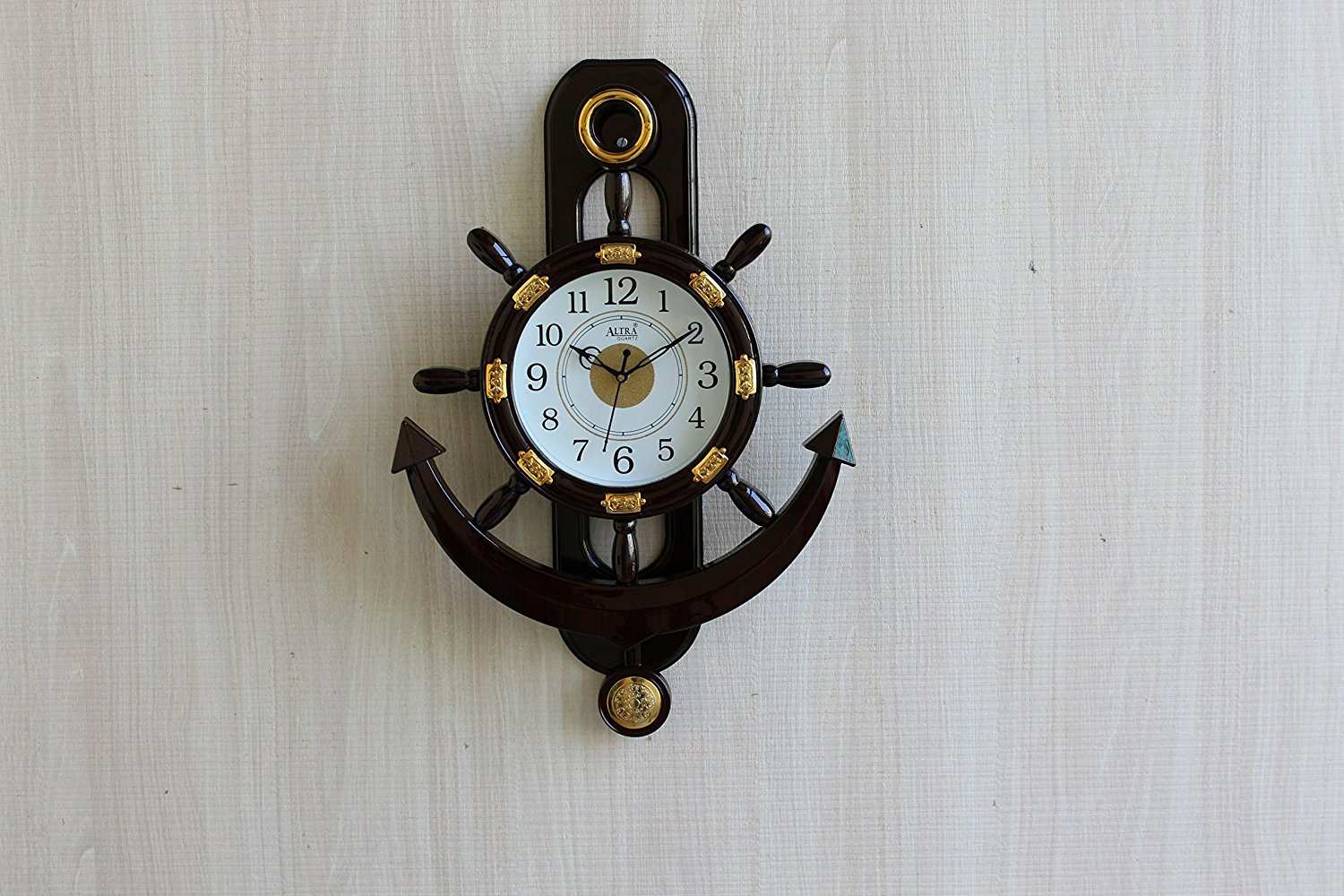 FunkyTradition Decorative Big Retro Anchor Ship Steering Shape Plastic Pendulum Wall Clock for Home Office Decor and Gifts 55 CM Tall - FunkyTradition