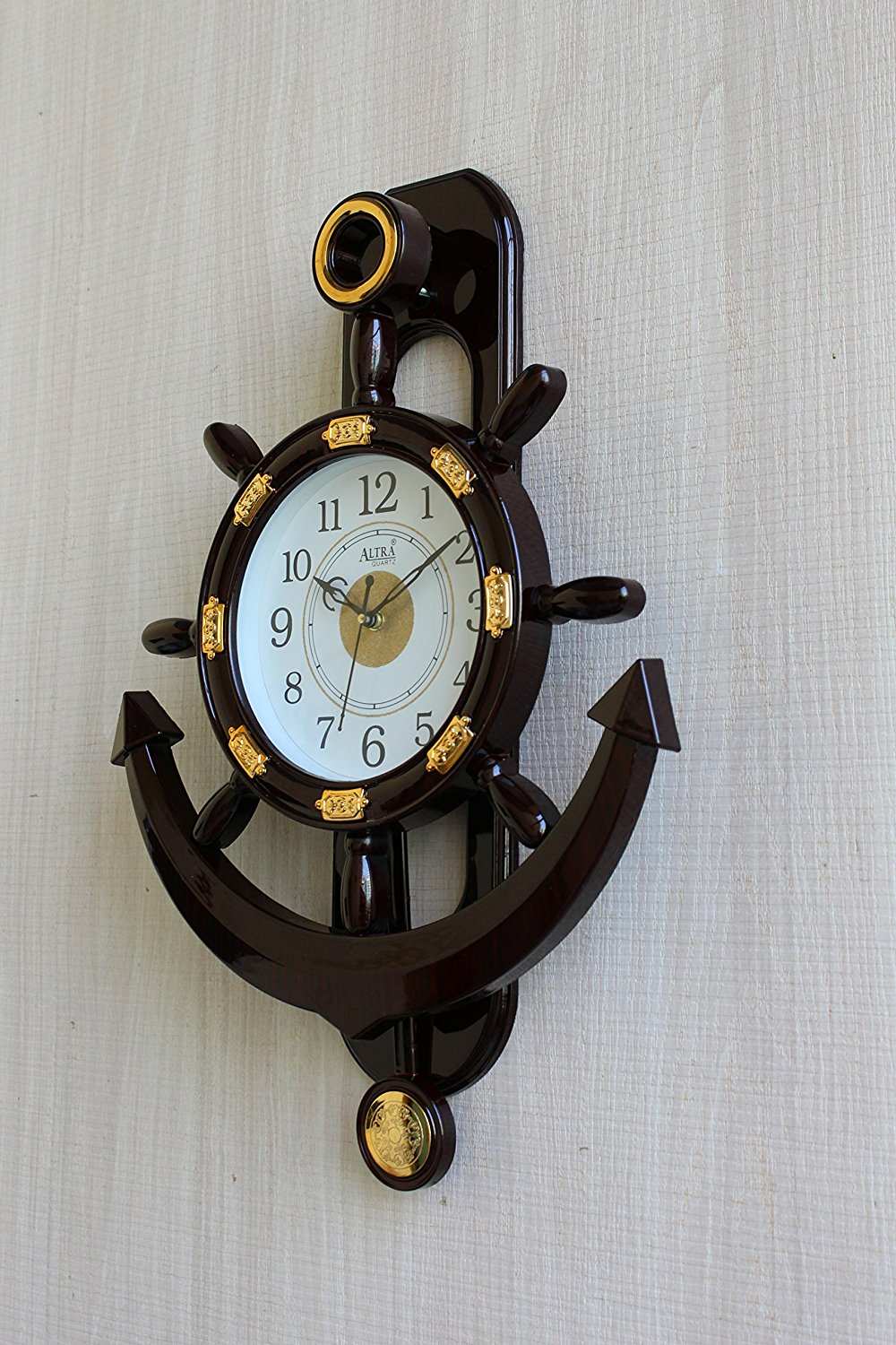 FunkyTradition Decorative Big Retro Anchor Ship Steering Shape Plastic Pendulum Wall Clock for Home Office Decor and Gifts 55 CM Tall - FunkyTradition