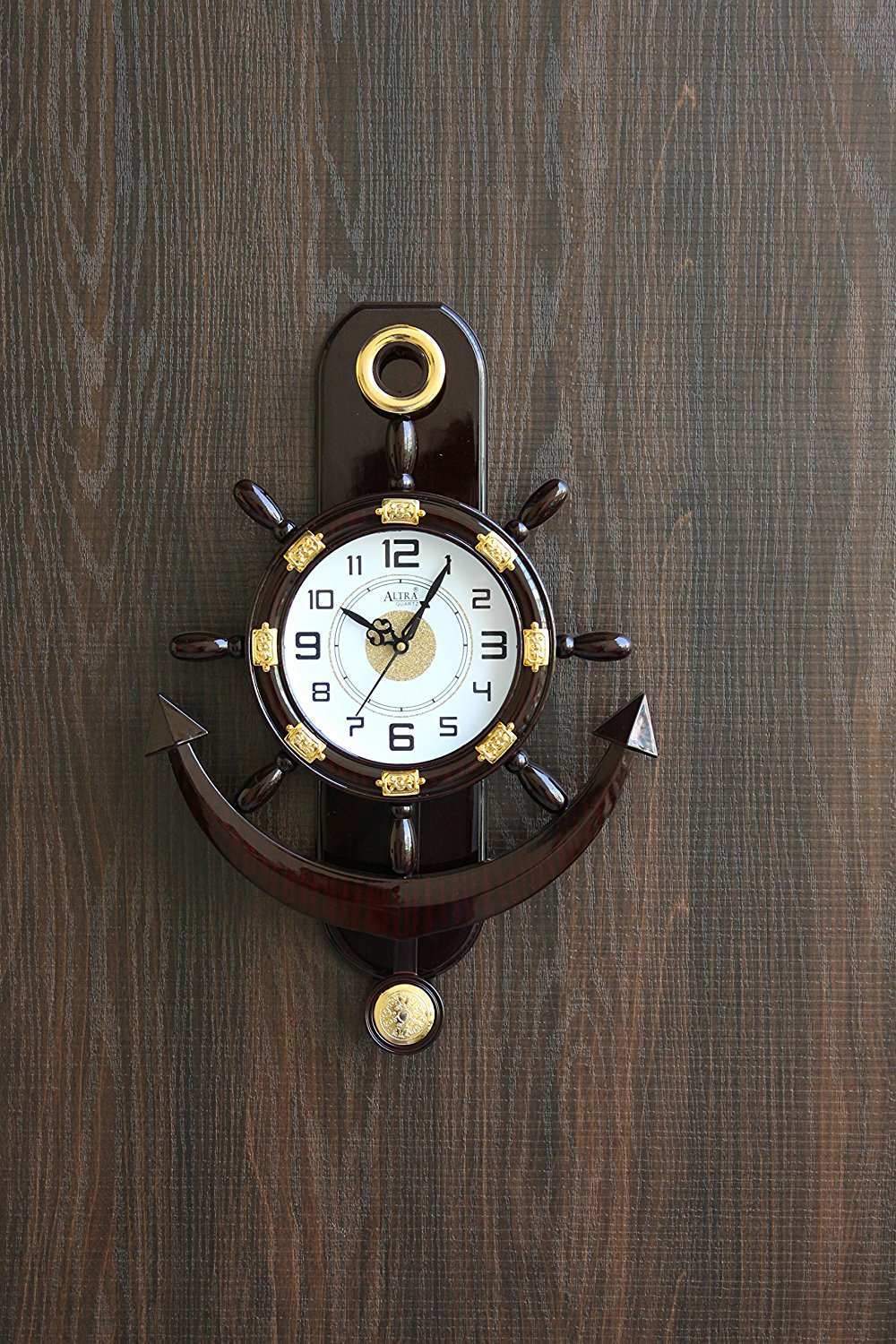 FunkyTradition Decorative Retro Anchor Ship Steering Shape Plastic Pendulum Wall Clock for Home Office Decor and Gifts - FunkyTradition